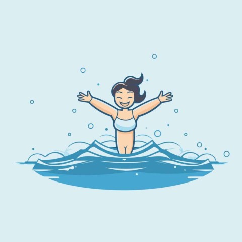 Girl in a swimsuit swims in the waves. Vector illustration