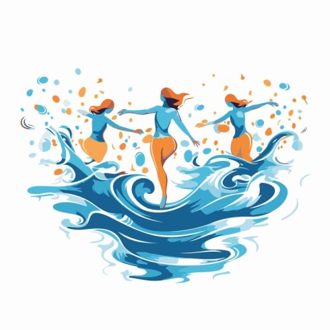 Vector illustration of three girls jumping into the water on a w