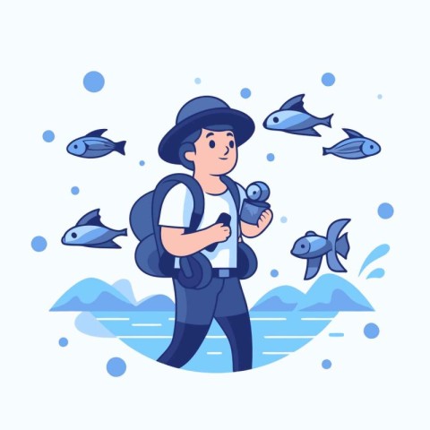 Hiking man with backpack and fish. Vector illustration in flat s