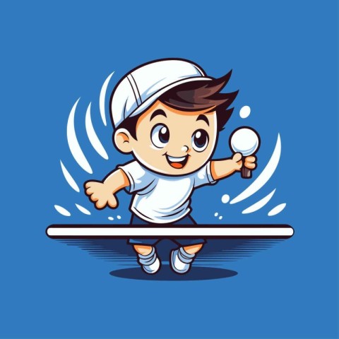 Cartoon boy playing table tennis with a racket. Vector illustrat