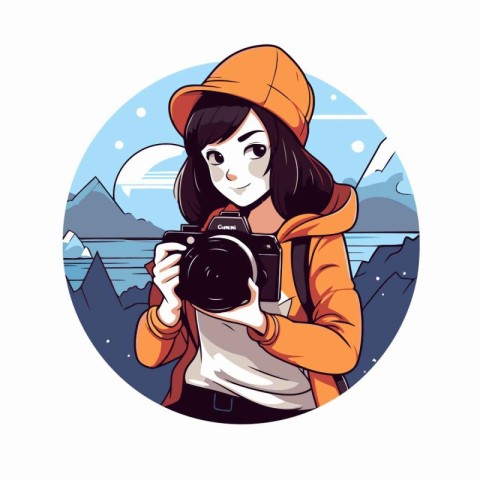 Photographer girl with a camera in her hands. Vector illustratio