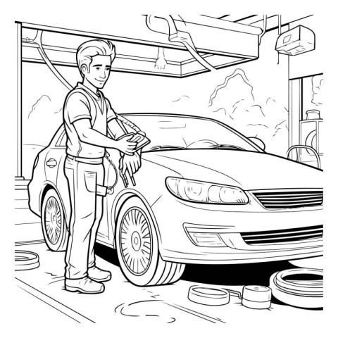 Car mechanic at work. Black and white vector illustration for co