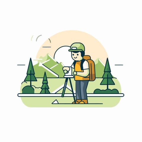 Tourist with a backpack and a camera. Vector flat illustration.