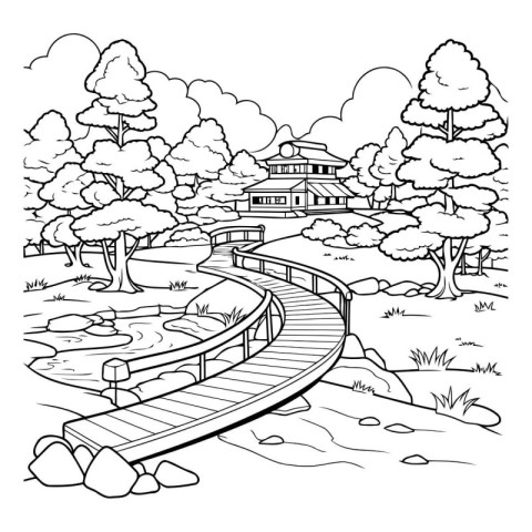 Vector illustration of a wooden bridge over the river in the par