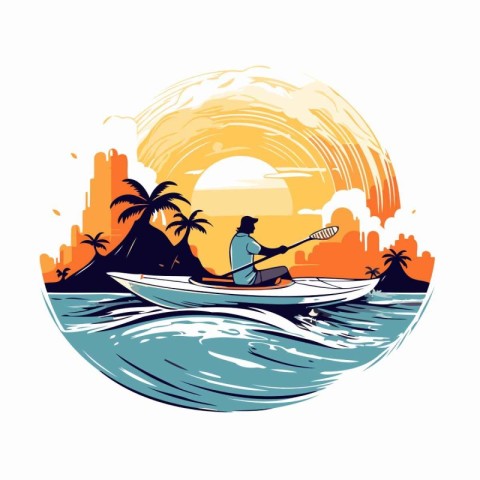 Man paddling a kayak on the sunset. Vector illustration.