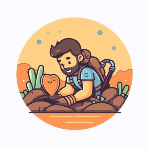 Male hiker with a backpack and a heart. Vector illustration.