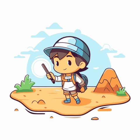 Cute little explorer boy with backpack and compass. Vector illus