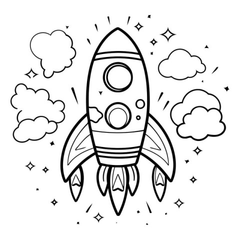 Coloring book for children: rocket in the clouds. Vector illustr