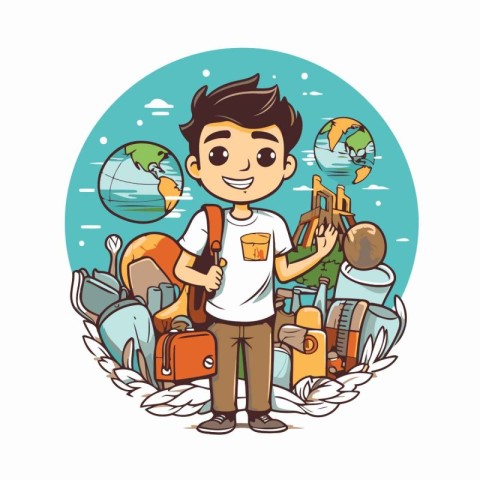 Boy with backpack and world map. Vector illustration. Cartoon st