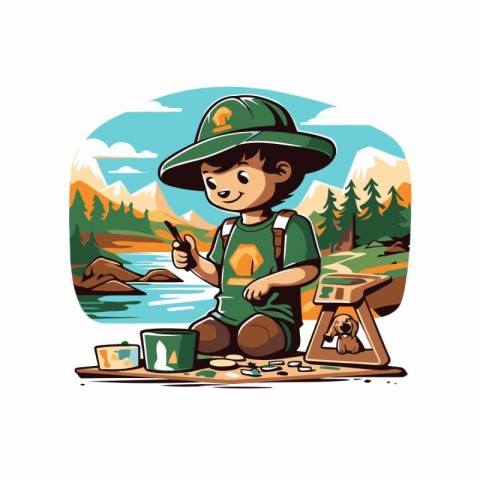 Fisherman cartoon character. Fisherman on the background of the