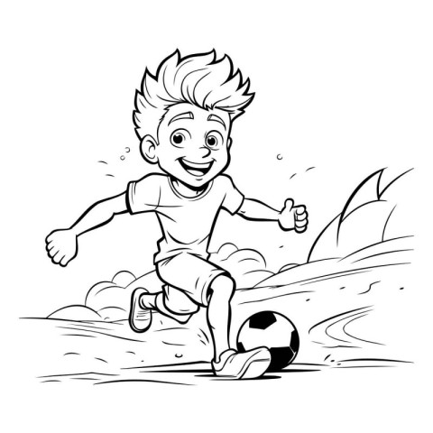 Boy playing soccer - black and white vector cartoon illustration