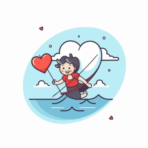 Kitesurfing vector illustration. Cartoon kitesurfer with heart s