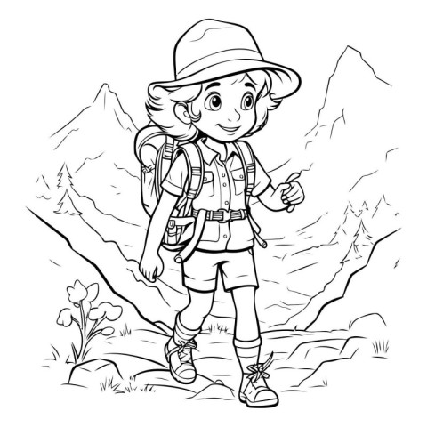 Coloring Page Outline Of a Cute Little Boy Hiking