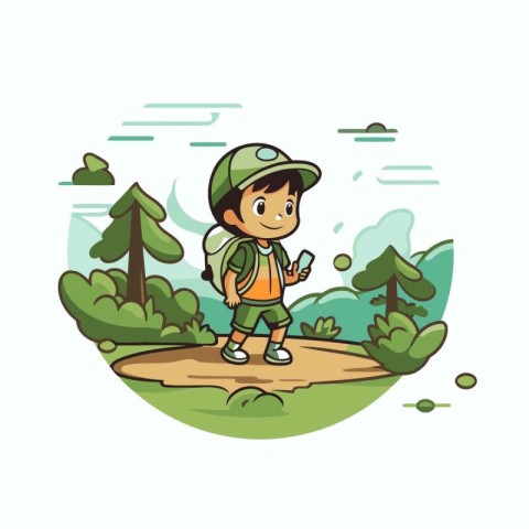 Little boy hiking in the forest. Vector flat cartoon illustratio