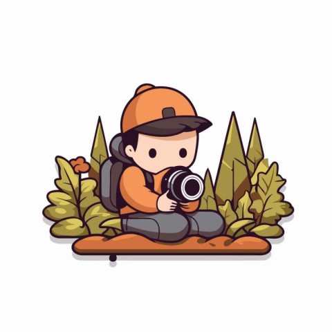 Tourist boy with camera in the forest. Vector cartoon illustrati