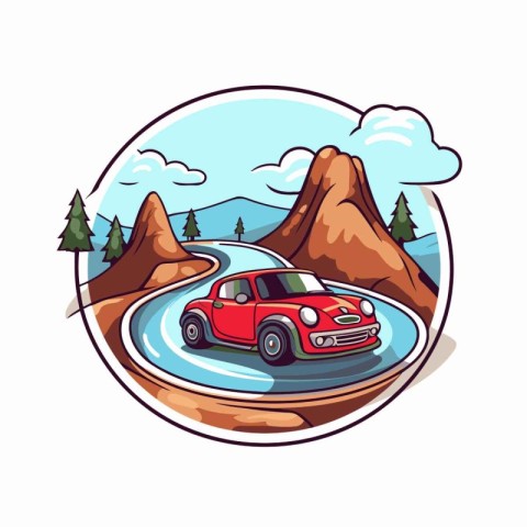 Car on the road in the mountains. Vector illustration in cartoon