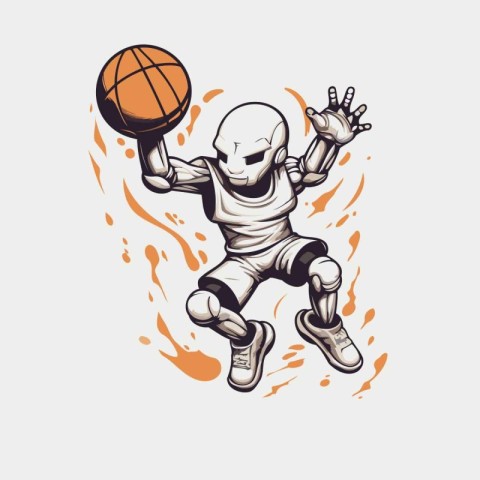 Vector illustration of a skeleton playing basketball. isolated o