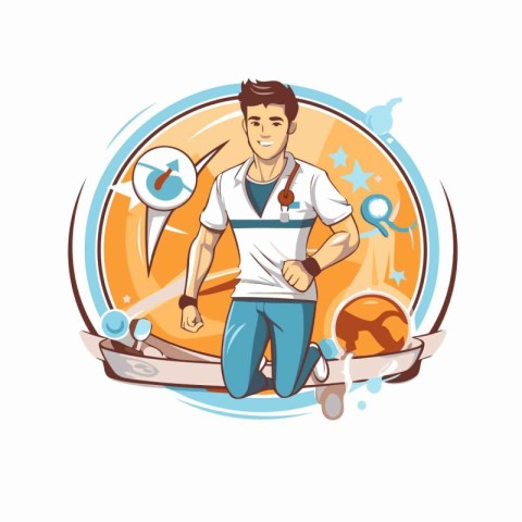 Handsome man with baseball bat and ball. Vector illustration.