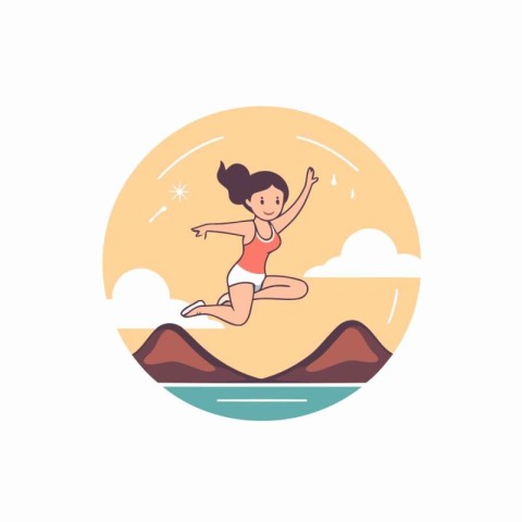 Young woman jumping on the beach. Vector illustration in flat st