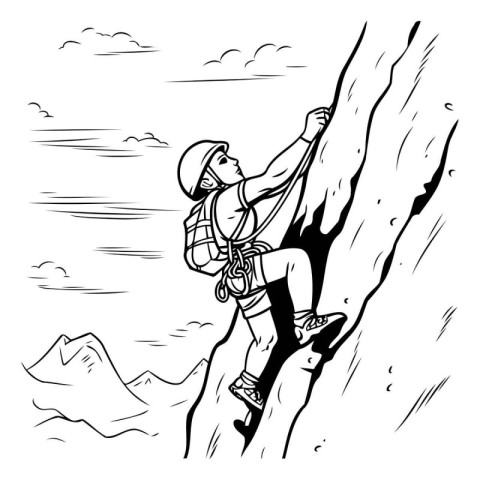 Black and white illustration of a climber climbing on a cliff.