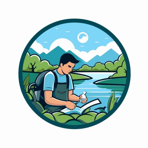 Hiker man reading a book by the lake. Vector illustration.