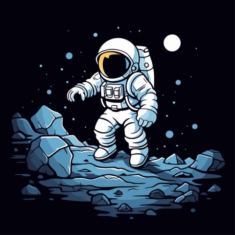 Astronaut in spacesuit on the rocks. Vector illustration.