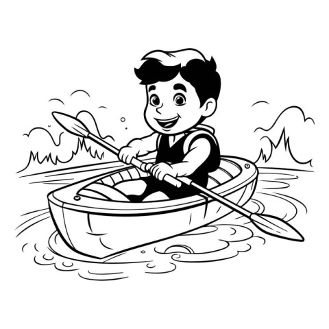 Cartoon boy rowing in a boat. Black and white vector illustratio