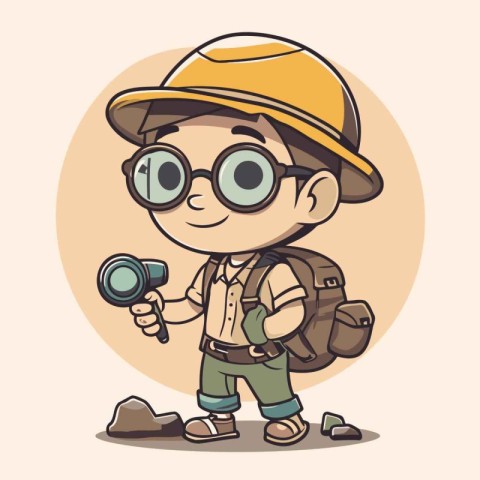 Boy explorer with binoculars and backpack. Vector cartoon illust