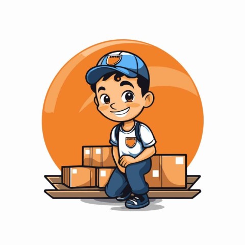 Delivery boy with box isolated on the white background. Vector i