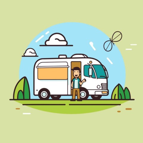 Vector illustration of a man standing in front of camper van.