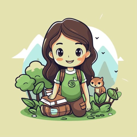 Cute little girl with backpack and books in the park. Vector ill