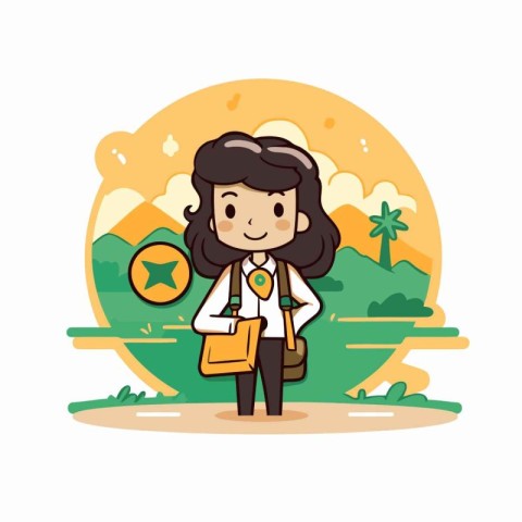 Cute girl with a backpack on the beach. Vector illustration.