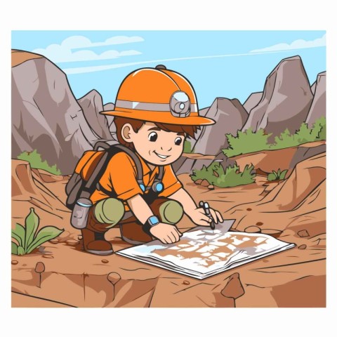 Boy explorer with map. Vector illustration of a boy explorer in