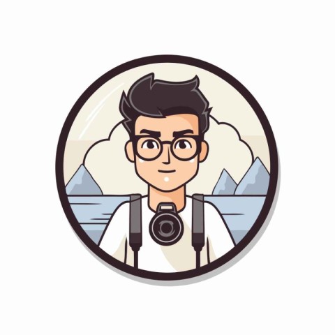 Hipster photographer with camera. Vector illustration in a flat