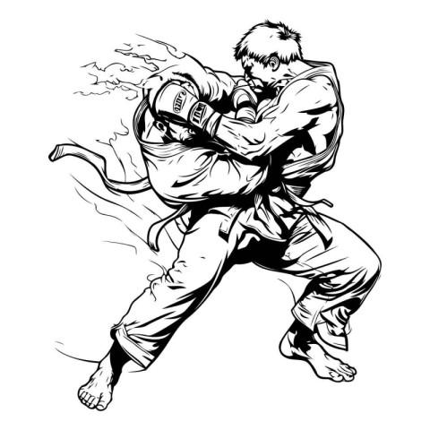 Karate man. Black and white vector illustration for t-shirt desi