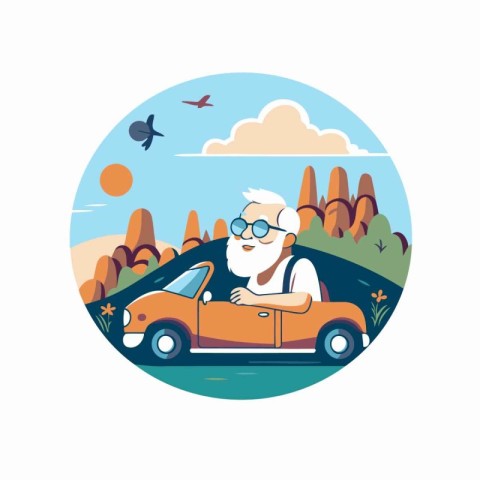 Grandfather driving a car in the park. Vector illustration in fl