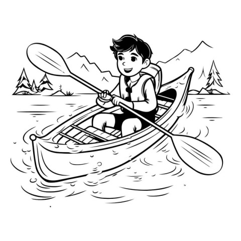 Boy rowing a boat on the lake. black and white vector illustrati