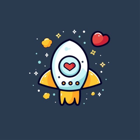 Cute space rocket with hearts and stars. Vector flat illustratio