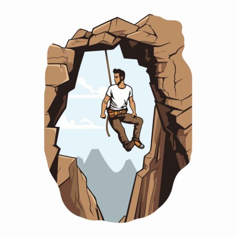 Climber on a cliff. Vector illustration in retro style.