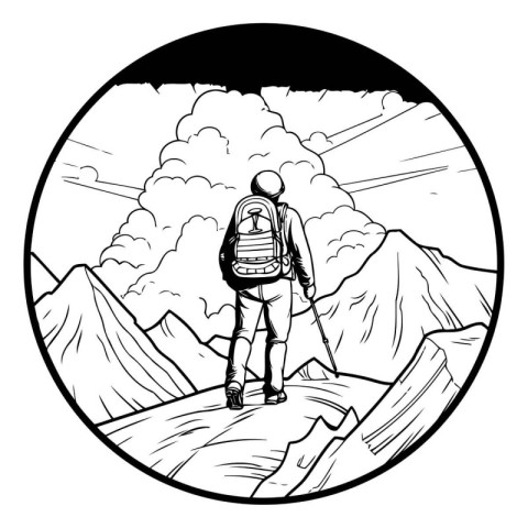 Hiker in the mountains. Vector illustration in black and white.