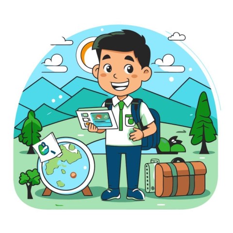 Traveler boy with map and backpack. Vector illustration in carto