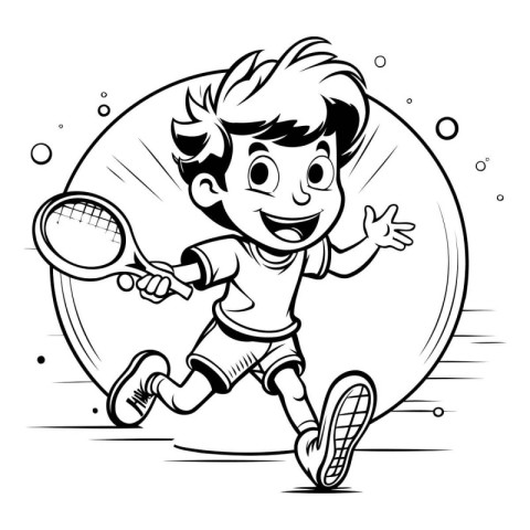 Black and White Cartoon Illustration of Kid Playing Tennis for C