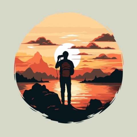 Silhouette of a man with a backpack on the background of the sun