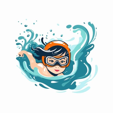 Vector illustration of a girl in a diving mask swimming in the w