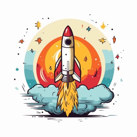 Rocket in the sky. Vector illustration. Isolated on white backgr