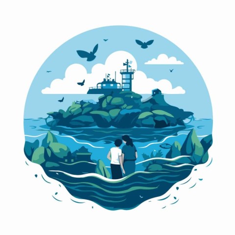 Lighthouse on the rock in the sea. Flat style vector illustratio