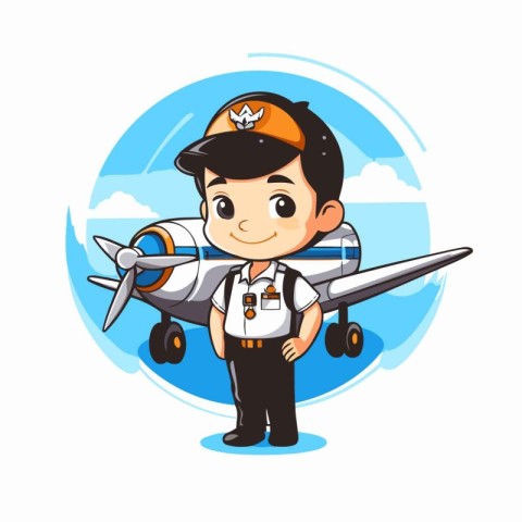 Cute pilot with airplane. Vector illustration of a cartoon chara