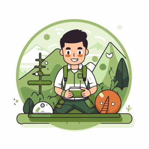 Hiking man sitting in the park and playing games vector illustra