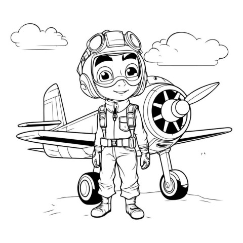 Aviator boy with airplane cartoon in black and white vector illu