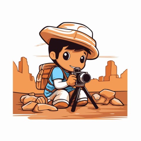 Cartoon illustration of a boy with a camera in the desert.